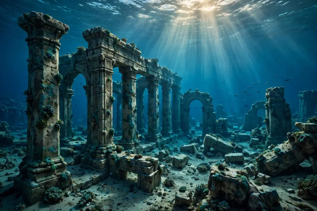 水中に沈む古代神殿の柱とアーチに、光の筋が差し込んでいる