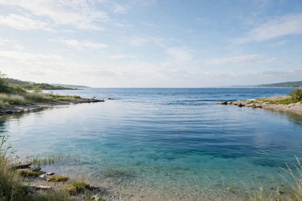 静かな入り江の水辺。浅瀬の透明なターコイズから深い青の海へ続き、青い空が水面に映っている